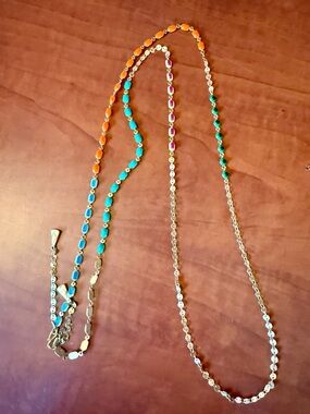 Gold-Tone Multi-Color Beaded Long Necklace - Orange, Turquoise, Green